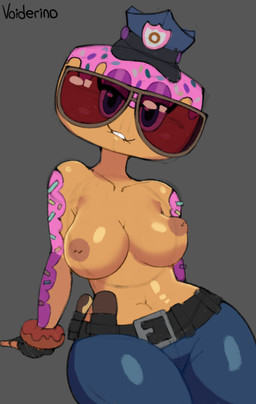 areola belt big_breasts bite biting_lip biting_own_lip black_belt black_clothing black_gloves black_handwear black_hat black_headwear blue_bottomwear blue_clothing blue_eyes blue_hat blue_headwear blue_pants bottomwear breasts clothed clothed_female clothed_humanoid clothing dessert doughnut eyelashes eyewear female female_humanoid fingerless_gloves fingers food for_a_head glistening glistening_eyes gloves grey_background half-closed_eyes handwear hat headgear headwear inverted_nipples looking_at_viewer multicolored_clothing multicolored_hat multicolored_headgear multicolored_headwear narrowed_eyes navel nipple_dip nipples not_furry orange_areola orange_body orange_nipples pants pastry pink_frosted_sprinkled_doughnut police police_hat self_bite simple_background solo sprinkles sunglasses teeth text topless topless_female topless_humanoid utility_belt wearing_sunglasses voider_(artist) epic_games fortnite constable_sprinkle_(fortnite) food_creature food_humanoid humanoid object_head 2026 absurd_res artist_name digital_media_(artwork) hi_res