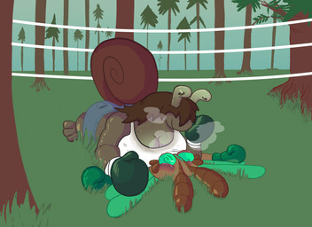anthro boxing boxing_gloves breast_squish breasts bruised bruised_eye clothing defeat defeated female fighting_ring forest hand_on_face handwear knockout male male/female nature plant smothering sport squish tree wings zuzu_bug anthony_(zuzu) shirley_(bunch0) ant arthropod gastropod hymenopteran insect invertebrate mollusk snail hi_res