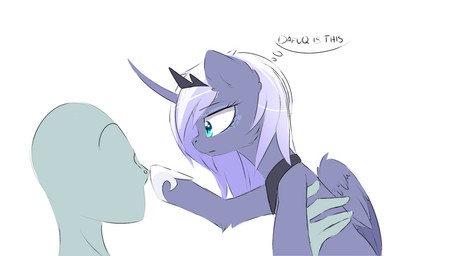 blue_body blue_eyes blue_feathers blue_fur boop crown duo feathered_wings feathers female feral fur grey_hair hair headgear horn jewelry necklace simple_background text white_background wings magnaluna friendship_is_magic hasbro my_little_pony mythology anon princess_luna_(mlp) equid equine human mammal mythological_creature mythological_equine winged_unicorn 2016 english_text