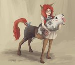 blep blush carrying_another clothed clothing duo eyewear female feral freckles glasses smile standing teats tongue tongue_out udders young ccrack european_mythology greek_mythology mythology claire_(slimshod) bovid bovine cattle centaur equid equid_taur humanoid_taur mammal mammal_taur taur unknown_species