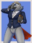 anthro book bottomless clothed clothing dress_shirt eyewear female genitals glasses holding_object pose pussy shirt solo suit topwear fish_birb emilie_(fish_birb) african_grey afrotropical_parrot avian bird parrot true_parrot absurd_res hi_res pinup