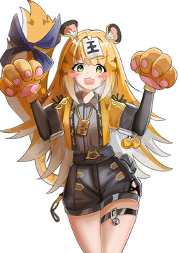 accessory animal_ears bare_legs belt black_bottomwear black_clothing black_shorts blonde_hair blush blush_lines blush_stickers bottomwear clothed clothing collared_shirt cute_fangs dress_shirt fangs female fluffy_ears furgonomics glistening glistening_hair gloves green_eyes grey_dress_shirt hair handwear jacket long_hair markings open_clothing open_jacket open_mouth open_topwear paw_gloves raised_hands raised_tail ribbons shirt shorts simple_background striped_hair striped_markings striped_tail stripes tail tail_accessory tail_markings tail_ribbon teeth topwear two_tone_tail white_background white_hair yellow_clothing yellow_jacket_(clothing) yellow_topwear young young_female young_humanoid chiheisen mihoyo zenless_zone_zero ju_fufu animal_humanoid felid felid_humanoid humanoid mammal mammal_humanoid pantherine pantherine_humanoid thiren tiger_humanoid absurd_res hi_res