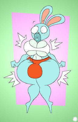 anthro belly big_breasts big_bulge bimbofication blue_body blue_fur blush blush_lines bottomwear breast_expansion breasts bulge clothing countershade_belly countershade_breasts countershading crop_top curvy_figure emanata expansion eyelashes femboy flash_emanata fur geometric_background glistening glistening_lips gynomorph hip_expansion hotpants hourglass_figure hyper hyper_lips intersex lip_expansion lips logo midriff navel shirt shorts simple_background solo text thick_lips thick_thighs thigh_expansion topwear wide_hips thatdawgmurray disney kiff_(series) barry_buns lagomorph leporid mammal rabbit absurd_res aliasing artist_logo artist_name digital_media_(artwork) hi_res signature