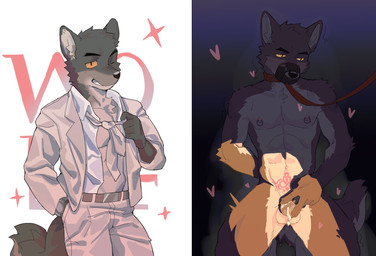 anal anal_penetration anthro athletic athletic_anthro athletic_male athletic_sub before_and_after bodily_fluids chastity_cage chastity_device collar cum flat_chastity_cage fur genital_fluids gesture grey_body grey_fur hand_behind_back hand_gesture heart_symbol leaking_cum leash leashed_collar male muzzle_(object) muzzled nipple_piercing nipple_ring nipples penetration penile penile_penetration penis_in_ass penis_sitting piercing ring_piercing smile smiling_at_viewer solo submissive submissive_anthro submissive_male v_sign white_body white_fur womb_tattoo cyclic_cyan dreamworks the_bad_guys mr._wolf_(the_bad_guys) canid canine canis mammal wolf 2025 digital_drawing_(artwork) digital_media_(artwork) hi_res