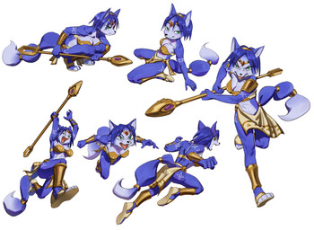 accessory action_pose anthro armor bandeau blue_body blue_fur blue_hair bottomwear breasts choker circlet clothing crouching dipstick_tail eyebrows eyelashes female footwear fur green_eyes hair hair_accessory hairband inner_ear_fluff jewelry krystal's_staff loincloth markings multiple_poses necklace open_mouth pose sandals shoes shoulder_guards sitting solo staff tail tail_markings topwear tuft vambrace wariza white_body white_fur zeker nintendo star_fox krystal_(star_fox) canid canine fox mammal 2026 absurd_res hi_res