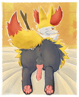 animal_genitalia animal_penis anthro anus bedding black_body black_fur blanket blush butt butt_focus canine_genitalia canine_penis digitigrade erection fur genitals inner_ear_fluff knot knotted_penis looking_at_viewer looking_back lying male on_front orange_body orange_fur pawpads paws penis penis_backwards pink_pawpads presenting presenting_anus presenting_balls presenting_hindquarters presenting_penis red_body red_eyes red_fur red_nose smile solo stick tail tuft white_body white_fur yellow_body yellow_fur catptapathy nintendo pokemon braixen canid canine generation_6_pokemon mammal pokemon_(species) hi_res shaded