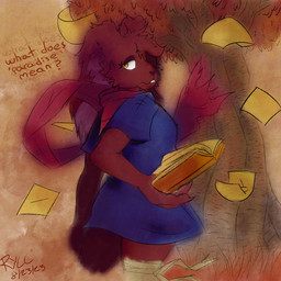 abstract_background anthro autumn bandage bandaged_leg book brown_body brown_fur female fur plant scarf solo text tree wind yellow_eyes lazy_ruby jestal_orccio_(dynamitegrizzly) lagomorph leporid mammal rabbit 1:1 hi_res