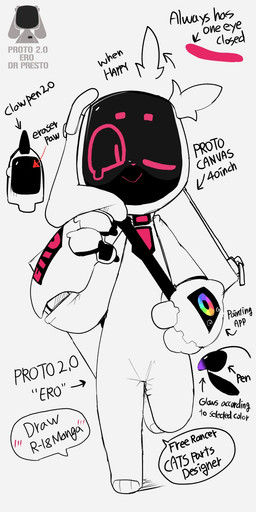 3_toes 4_fingers accessory ambiguous_gender anthro biped black_claws black_pawpads claws color_wheel featureless_crotch feet fingers joints latex_body looking_at_viewer machine necktie nude nude_anthro on_one_leg one_eye_closed pawpads screen screen_face simple_background solo speech_bubble standing text toes white_background white_body presto_(artist) project_c.a.t.s ero_(presto) proto_(cats_project) robot robot_anthro 1:2 artist_name english_text hi_res
