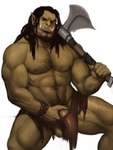 axe balls body_hair bottomwear chest_hair clothing dreadlocks facial_hair genitals hi_res holding_axe holding_melee_weapon holding_object holding_penis holding_weapon humanoid humanoid_pointy_ears loincloth looking_at_viewer male melee_weapon mostly_nude muscular muscular_male not_furry orc penis rnarccus simple_background solo weapon white_background