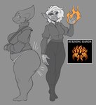 anthro blush blush_lines bottomless bottomwear breasts claws clothed clothing duo elemental_manipulation eyelashes female fire fire_hand fire_manipulation pants text topwear underwear conditional_dnp welwraith drow elf humanoid scalie 2023 english_text grey_theme