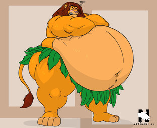 angry anthro belly big_belly bodily_fluids eyes_closed fur grass_skirt huge_belly hyper hyper_belly male mane musclegut muscular muscular_arms solo standing sweat yellow_body yellow_fur zangokunatenshi disney the_lion_king simba_(the_lion_king) felid lion mammal pantherine hi_res