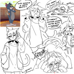 ambiguous_gender ambiguous_humanoid anthro barefoot biped black_text blush blush_lines bodily_fluids bottomless bottomless_female bottomless_humanoid cat_tail clothed clothing collarbone crossgender crying eating feet female female_focus femboy fish_meat flat_chested food gesture humanoid_focus humanoidized jacket laser_dot laugh male meat medium_hair mtf_crossgender open_clothing open_jacket open_topwear oversized_clothing oversized_shirt oversized_topwear partially_clothed partially_clothed_female partially_clothed_humanoid pointy_speech_bubble profanity shirt shrug simple_background solo speech_bubble substance_intoxication tears tears_of_joy text topwear white_background white_text blairevt metro-goldwyn-mayer tom_and_jerry thomas_cat animal_humanoid cat_humanoid domestic_cat felid felid_humanoid feline feline_humanoid felis humanoid mammal mammal_humanoid 1:1 2025 absurd_res digital_drawing_(artwork) digital_media_(artwork) english_description english_text hi_res multiple_images reference_image sketch_page