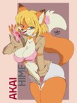 anthro big_breasts blonde_hair blood bodily_fluids breasts cleavage clothed clothing female hair heterochromia jacket multicolored_body solo tail text thick_thighs tongue tongue_out topwear hidden-cat combat_cat_studio wild_assault akai_hime_(wild_assault) canid canine canis fox mammal 2024 character_name digital_media_(artwork) hi_res signature