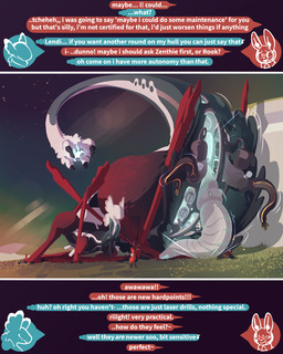 8_legs aircraft ambiguous_gender balls big_butt big_penis biosynthetic blush blush_lines butt canister dialogue duo eyeless feathers genitals glowing glowing_genitalia glowing_internals glowing_markings glowing_vulva gun_penis herm hole_(anatomy) hyper intersex intersex/ambiguous intersex_taur large_lower_body long_tail machine macro markings metal_penis neon_lights penis presenting presenting_hindquarters sharp_teeth small_upper_body speech_bubble sunrise tail tail_mouth teeth text thick_thighs unusual_anatomy unusual_balls unusual_erogenous_zone unusual_genitalia unusual_tail vehicle vulva mivimew mythology coesiel lendi alien biomechanical dragon dragon_taur eccalite humanoid hybrid living_aircraft living_machine living_spacecraft living_vehicle mythological_creature mythological_scalie robot robot_feral scalie taur 4:5 english_text