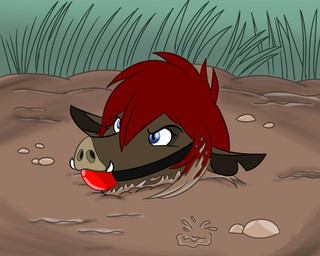 angry anthro ball_gag black_eyebrows blue_eyes brown_body eyebrows female gag grass hair mud mud_bath outside plant red_hair solo candithewildpiggy candrina mammal suid suine sus_(pig) wild_boar hi_res