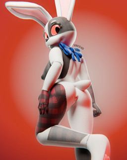 anthro anus barely_visible_genitalia barely_visible_vulva blue_bow_tie bow_tie breasts buckteeth butt female floppy_ears genitals gradient_background hand_on_leg hand_on_thigh looking_at_viewer looking_back looking_back_at_viewer medium_breasts nipples on_one_leg pawpads plaid rear_view red_background red_sclera scut_tail short_tail simple_background smile smiling_at_viewer solo standing stitch_(sewing) tail teeth vulva vincead jizzyfox_(modeler) five_nights_at_freddy's scottgames vanny_(fnaf) lagomorph leporid mammal rabbit 3d_(artwork) digital_media_(artwork) hi_res watermark