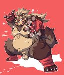 anthro balls belly bodily_fluids brown_body brown_fur cum cum_on_ground cum_on_hand fur genital_fluids genitals humanoid_hands kemono male moobs nipples overweight overweight_anthro overweight_male penis red_background simple_background small_penis solo takagi_kyou lifewonders tokyo_afterschool_summoners goemon_(tas) canid canine mammal raccoon_dog tanuki 2021