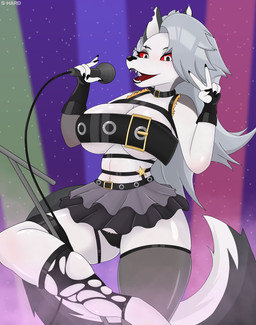5_fingers anthro armwear belt belt_accessory belt_buckle big_breasts black_clothing black_lips black_panties black_underwear blush bottomwear breasts buckle camel_toe choker clothing concert electronics female fingers glistening glistening_body gloves grey_body grey_hair hair handwear jewelry legwear lips looking_at_viewer microphone multicolored_body necklace open_mouth panties red_eyes simple_background skirt solo star_symbol stockings tail torn_clothing torn_legwear two_tone_body underwear white_body white_eyes s-hard hellaverse helluva_boss mythology loona_(helluva_boss) canid canid_demon canine demon hellhound mammal mythological_canine mythological_creature 2026 absurd_res digital_drawing_(artwork) digital_media_(artwork) hi_res
