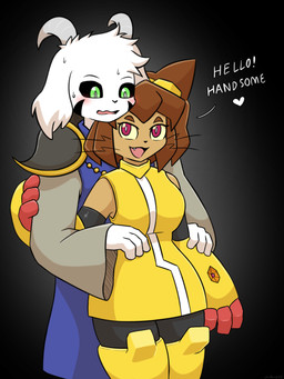 3_toes anthro armor armored_boots brown_body brown_hair cat_paws clothing club_arms dress duo energy_ball feet female fur gauntlets gloves green_eyes hair handwear male male/female open_mouth paws red_eyes tail toes white_body white_fur yellow_clothing yellow_dress vavacung gameoverse glitch_productions undertale undertale_(series) asriel_dreemurr asriel_dreemurr_(god_form) kit_bodega bovid caprine domestic_cat felid feline felis goat mammal 3:4 crossover hi_res