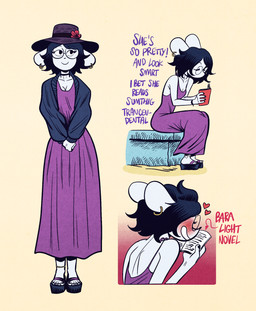 anthro black_hair blush book breasts clothing dialogue dress ear_piercing ear_ring eyes_closed eyewear female footwear glasses hair hat headgear headwear holding_book holding_object looking_up offscreen_character piercing purple_clothing purple_dress ring_piercing round_glasses sandals shoes simple_background sitting smile solo text white_body elnikochoro mammal mouse murid murine rodent 2026 digital_media_(artwork) english_text hi_res