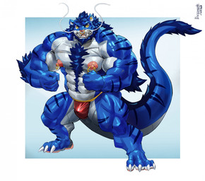 abs anthro barazoku barbel_(anatomy) beard blue_body blue_fur blue_hair body_hair bulge chest_tuft claws clothed clothing deltoids ear_piercing ear_ring facial_hair facial_piercing finger_claws flesh_whiskers flexing flexing_bicep flexing_both_biceps forearm_muscles fur hair happy_trail male multicolored_body multicolored_fur muscular muscular_male muscular_thighs navel nipple_piercing nipple_ring nipples nose_piercing nose_ring piercing red_clothing red_thong red_underwear ring_piercing septum_piercing septum_ring solo striped_body striped_fur stripes tail tail_mane text thong thong_only toe_claws topless tuft underwear underwear_only white_body white_fur yellow_sclera esganoth mythology elseong dragon eastern_dragon felid hybrid mammal mythological_creature mythological_scalie pantherine scalie tiger 2023 artist_name dated hi_res