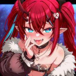 accessory bare_shoulders blue_eyes blush bra breasts choker clothing collar collarbone fangs fur_coat glistening glistening_body hair hair_accessory hair_between_eyes hand_on_own_face heart_symbol highlights_(coloring) horn jewelry long_hair narrowed_eyes navel necklace not_furry open_mouth pigtails pointy_ears prick_ears red_hair small_breasts teeth tongue tongue_out underwear hyogetsu_rei starward emika demon demon_humanoid humanoid hi_res