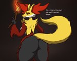 anthro areola big_breasts big_butt breasts butt dialogue female huge_breasts huge_butt lips looking_back nude rear_view solo talking_to_viewer text thick_thighs wide_hips neormk nintendo pokemon canid canine delphox generation_6_pokemon mammal pokemon_(species) english_text hi_res