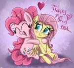 blue_eyes blush cutie_mark duo feathered_wings feathers female fur hair heart_symbol horse_tail hug long_hair open_mouth pink_body pink_fur pink_hair sitting teeth text wings yellow_body yellow_feathers yellow_fur daniel-sg friendship_is_magic hasbro my_little_pony mythology fluttershy_(mlp) pinkie_pie_(mlp) earth_pony equid equine horse mammal mythological_creature mythological_equine pegasus pony 2014 english_text