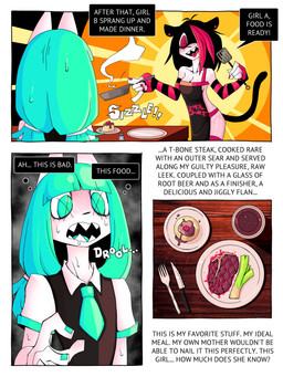 anthro apron apron_only beef beverage blue_eyes blue_hair clothing colored_nails cooking cutlery dialogue duo female fingernails flan food fork hair kitchen_utensils knife leek meat nails necktie onion plant red_eyes red_fingernails red_hair red_nails root_beer soda steak text tools vegetable ponporio the_disappearance_of_girl_a girl_a girl_b felid mammal 3:4 absurd_res comic english_text hi_res