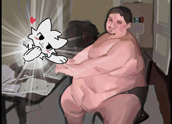 ambiguous_gender anthro beard black_beard black_facial_hair black_hair blush chair cheek_tuft chest_tuft clothed clothing computer_keyboard detailed_background door duo electronics facial_hair facial_tuft fur furniture hair hand_on_hand head_tuft heart_symbol inside looking_at_another looking_at_viewer male male_human monitor obese obese_human obese_male on_chair open_door overweight overweight_human overweight_male paper short_hair side_view sitting sitting_on_chair tuft underwear underwear_only white_body white_fur redfoxrice1145 silly_cat_(mauzymice) domestic_cat felid feline felis human mammal 2025 hi_res