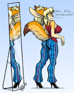anthro big_ears blonde_hair breasts butt clothing dialogue ears_back eyebrows eyelashes female fur green_eyes hair looking_back mirror orange_body orange_fur pivoted_ears question_mark red_clothing red_shirt red_tank_top red_topwear shirt solo speech_bubble tail tank_top teeth teeth_showing text topwear chisheq nadia_(chisheq) english_text hi_res