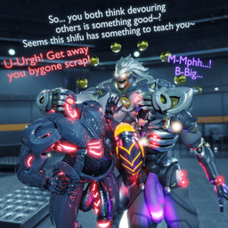 anthro anthro_pred balls big_penis empty_eyes erection genitals glans glowing glowing_eyes glowing_genitalia glowing_penis grey_hair grey_tail group hair hand_on_another's_head hand_on_head huge_penis humanoid_genitalia humanoid_penis hyper hyper_genitalia hyper_penis imminent_vore machine male male/male male_pred metallic_body nude nude_anthro nude_humanoid nude_male penis tail text trio malunisisos blizzard_entertainment marvel marvel_rivals mihoyo overwatch zenless_zone_zero banyue_(zenless_zone_zero) ramattra ultron felid humanoid lion mammal omnic pantherine robot robot_anthro robot_humanoid 1:1 3d_(artwork) digital_media_(artwork) english_text hi_res