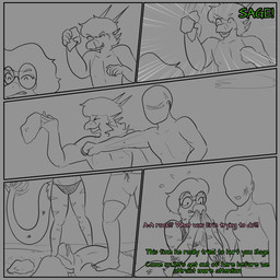 angry anthro bald biped bodily_fluids border bruised bruised_face bulge clenched_teeth clothed clothed_anthro clothed_male clothing cloud dialogue eyewear face_punch feathered_tail feathers feet femboy fingers flying_sweatdrops glasses grey_border group hair hands_to_mouth holding_object horn humanoid_feet humanoid_hands impact_lines male markings plantigrade rock round_glasses scared short_hair sneaking standing striped_markings stripes sweat sweatdrop swimming_trunks swimwear tail talking_to_another teeth text toes trio unconscious arsenic_iii cavemanon_studios goodbye_volcano_high ko_op_(game_developer) snoot_game anon_(snoot_game) sage_(gvh) dinosaur dromaeosaurid human mammal microraptor prehistoric_species reptile saurischian scalie theropod 1:1 2023 black_and_grey comic english_text hi_res monochrome