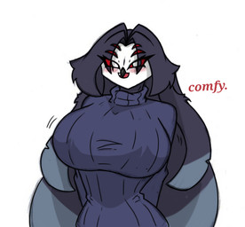 anthro bangs beak big_breasts blush breasts clothing dialogue dipstick_hair elderly female hair long_hair mature_anthro mature_female multi_eye open_mouth small_waist solo sweater text topwear turtleneck wide_hips pace-maker hellaverse helluva_boss queen_octavia_(teathekook) avian owl_demon 2024