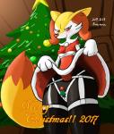 anthro breasts clothing female garter_belt garter_straps holidays holly_(plant) nipple_outline plant smile solo text punkydreamer christmas nintendo pokemon braixen generation_6_pokemon pokemon_(species) english_text hi_res