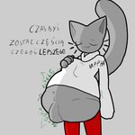 ambiguous_gender ambiguous_prey anthro anthro_pred belly belly_tuft big_belly big_tail biped black_text bodily_noises body_outline clothed clothed_anthro clothed_female clothing derived_sound_effect digestion digestion_noises ears_up eyebrows eyes_closed female female_anthro female_pred floating_whiskers footwear fully_inside fur green_text grey_background grey_belly grey_body grey_ears grey_face grey_fur grey_hands grey_tail gurgle_(sound_effect) hand_on_belly hand_on_own_belly huge_belly imprint legwear long_sleeves long_tail monotone_background monotone_belly monotone_body monotone_clothing monotone_face monotone_footwear monotone_fur monotone_hands monotone_legwear monotone_socks monotone_stockings monotone_sweater monotone_tail monotone_thigh_highs monotone_thigh_socks monotone_topwear muffled open_mouth open_smile raised_eyebrow red_clothing red_footwear red_legwear red_socks red_stockings red_thigh_highs red_thigh_socks rumbling_stomach same_size_vore simple_background sleeves_past_wrists smile socks soft_vore solo sound_effects standing stockings sweater tail talking_to_another talking_to_prey text thigh_highs thigh_socks three-quarter_view tight_clothing tight_sweater tight_topwear topwear tuft unseen_prey vore vowelless vowelless_vocalization white_clothing white_sweater white_topwear tcsrjx emily_(tcsrjx) domestic_cat felid feline felis mammal 2023 cel_shading digital_drawing_(artwork) digital_media_(artwork) english_description polish_text portrait shaded three-quarter_portrait translated female_(lore)