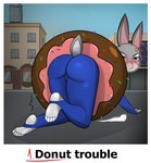 anthro bodily_fluids butt butt_focus city city_background clothed clothing crying defeated embarrassed feet female food foot_fetish fur grey_body grey_fur hug humanoid_feet kneeling paws plantigrade public solo tears text croqs disney judy_stuck_in_donut_redraw zootopia judy_hopps lagomorph leporid mammal rabbit 2024 hi_res