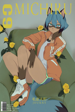 anthro blue_hair blue_tail bottomwear brown_body chair clothed clothed_female clothing dipstick_hair dipstick_tail facial_markings female footwear furniture gloves_(marking) hair head_markings hotpants jacket leg_markings looking_at_viewer markings mask_(marking) multicolored_eyes multicolored_hair pointy_ears prick_ears red_clothing red_jacket red_topwear shirt shoelaces shoes shorts socks_(marking) solo tail tail_markings text topwear white_clothing white_shirt white_topwear yellow_rose mandisa brand_new_animal studio_trigger michiru_kagemori canid canine mammal raccoon_dog tanuki character_name cover english_text hi_res japanese_text magazine_cover