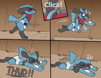 accident ambiguous_gender anthro black_body black_fur blue_body blue_fur clothed clothing desperation diaper eyes_closed falling feces feet fur leg_markings lying markings on_ground open_mouth paws poop_desperation pooping raised_tail red_scarf running scarf scatplay socks_(marking) soiled_diaper soiling soiling_diaper solo sound_effects tail teeth text toes trap_(pokemon_mystery_dungeon) tripping unclean_diaper used_diaper wearing_diaper ritzcat nintendo pokemon pokemon_mystery_dungeon spike_chunsoft generation_4_pokemon pokemon_(species) riolu story story_in_description