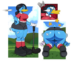 bandage big_butt black_hair breasts butt clothing curvy_figure female floating_stars footwear golf golf_ball golf_club grass hair huge_butt huge_hips huge_thighs non-mammal_breasts onomatopoeia outside plant red_clothing red_footwear red_socks shoes sky socks sound_effects sport star stunned tail text thick_thighs unconscious wide_hipped_female wide_hips sssonic2 avian bird 2026 digital_media_(artwork) hi_res