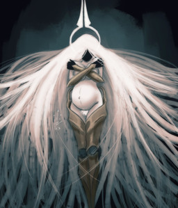 armor biped breasts covering covering_breasts crossed_arms female fingers hair halo long_hair navel pregnant pregnant_female pregnant_humanoid pubes simple_background solo white_body white_hair himecoisa hollow_knight:_silksong hollow_knight_(franchise) team_cherry grand_mother_silk deity humanoid 2025 hi_res