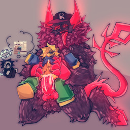 2_horns 5_fingers ambiguous_gender anal anal_penetration anthro anthro_penetrating anthro_penetrating_human balls big_penis black_body black_fur blonde_hair blue_eyes bodily_fluids bottomwear bottomwear_down brown_body brown_fur clothed clothing crying cum cum_from_ass cum_in_ass cum_inside duo_focus erection fangs fingers from_behind_position fur genital_fluids genitals green_bottomwear green_clothing green_pants group hair hat hat_only headgear headgear_only headwear headwear_only hooves horn human_on_anthro human_penetrated humanoid_genitalia humanoid_penis humor hybrid_genitalia hybrid_penis interspecies knot knotted_penis long_tail looking_pleasured male male/male male_penetrated male_penetrating male_penetrating_male mostly_nude neck_tuft pants pants_down partially_clothed penetration penile penile_penetration penile_spines penis penis_in_ass red_body red_eyes red_fur sex simple_background size_difference smaller_penetrated tail tears teeth tongue tongue_out trio tuft unguligrade vein veiny_penis yellow_body yellow_skin hapiicheesecake forsaken_(roblox) roblox guest_666_(forsaken) noob_(forsaken) noob_(roblox) two_time_(forsaken) demon human humanoid mammal robloxian 1:1 2025 hi_res nonbinary_(lore)