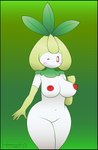 areola armwear big_breasts blush blush_stickers breasts brown_eyes clothing elbow_gloves eyelashes female generation_5_pokemon genitals gloves green_background green_body green_clothing green_gloves green_handwear handwear hi_res honwell humanoid leaf looking_at_viewer mostly_nude mouthless navel nintendo nipples not_furry one_eye_closed petilil pokemon pokemon_(species) pussy red_areola red_nipples simple_background solo thick_thighs white_body wide_hips wink winking_at_viewer