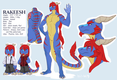 abs anthro athletic athletic_male barefoot beard blue_body bottomwear bracelet chibi claws clothed clothing collared_shirt cutaway dress_shirt eyebrows facial_hair feet goatee hair hood hoodie horn jewelry long_hair male male/male male_anthro markings multicolored_body mutton_chops nude nude_male palms pants pink_eyes scale_markings scales shirt sleeveless_hoodie soft_abs solo striped_markings stripes suspenders tail tail_tuft text toes topwear tuft yellow_body dragonasis mythology rakeesh dragon kobold mythological_creature mythological_scalie scalie 2019 absurd_res digital_media_(artwork) english_text hi_res model_sheet