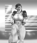 anthro breasts clothed clothing female lights nipple_outline non-mammal_breasts pose solo tail wide_hipped_female wide_hips trias dinosaurs_inc. delilah_(trias) dinosaur prehistoric_species reptile scalie theropod tyrannosaurid tyrannosauroid tyrannosaurus tyrannosaurus_rex greyscale monochrome pinup