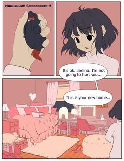 ambiguous_feral ambiguous_gender bed bedroom black_body black_eyes black_fur black_hair clothed clothed_human clothing dialogue female female_human feral fur furniture hair holding_another human_focus inside light_body light_skin neonate open_mouth pink_background pink_clothing pink_sweater pink_topwear red_tail simple_background size_difference sweater tail text topwear window young young_ambiguous young_feral alice_621 fluffy_pony fluffy_pony_(species) human mammal 2026 absurd_res comic digital_media_(artwork) english_text flat_colors hi_res restricted_palette