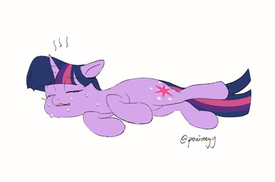 bodily_fluids female feral horn lying on_side simple_background solo steam sweat tired ponionyy friendship_is_magic hasbro my_little_pony mythology twilight_sparkle_(mlp) equid equine mammal mythological_creature mythological_equine unicorn hi_res