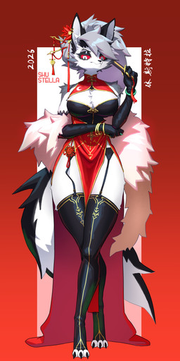 accessory anthro armwear asian_clothing big_breasts black_armwear black_body black_clothing black_elbow_gloves black_fur black_gloves black_handwear breasts chinese_clothing chinese_dress clothed clothed_anthro clothed_female clothing dress east_asian_clothing elbow_gloves female fluffy fluffy_tail fur garter_straps gloves grey_body grey_fur grey_hair hair hair_accessory hairpin handwear long_hair multicolored_body multicolored_fur red_sclera solo tail text white_body white_eyes white_fur shu_stella hellaverse helluva_boss mythology loona_(helluva_boss) canid canid_demon canine demon hellhound mammal mythological_canine mythological_creature 2026 absurd_res chinese_text hi_res