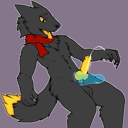 anthro bodily_fluids cum cumshot disembodied_hand duo ejaculation genital_fluids ghost_hand glowing glowing_eyes knot knot_tugging male scarf tongue mechanical_monster_factory casualties:_unknown canid expie_(gunsawian) gunsawian hybrid mammal 1:1