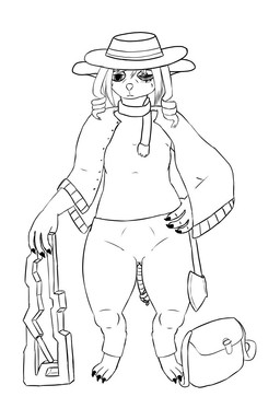 amputee axe bag claws clothing digitigrade disability female hat headgear headwear missing_eye poncho satchel scarf short survivor weapon superduck rimworld mammal murid murine rat rodent video_games 2:3 hi_res monochrome